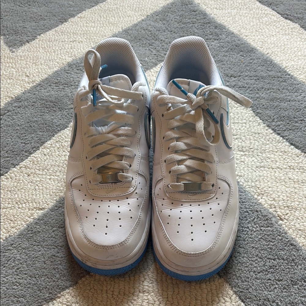 Men's White and Blue Nike Air Force 1s
